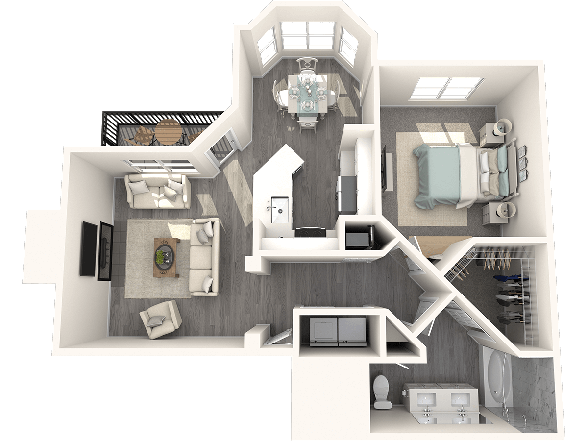 Floor plan for 1 bed, 1 bath, 844 sqft